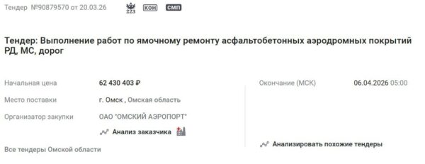 Омский аэропорт объявил тендер на проведение ямочного ремонта асфальтового покрытия общей стоимостью 62 миллиона рублей.